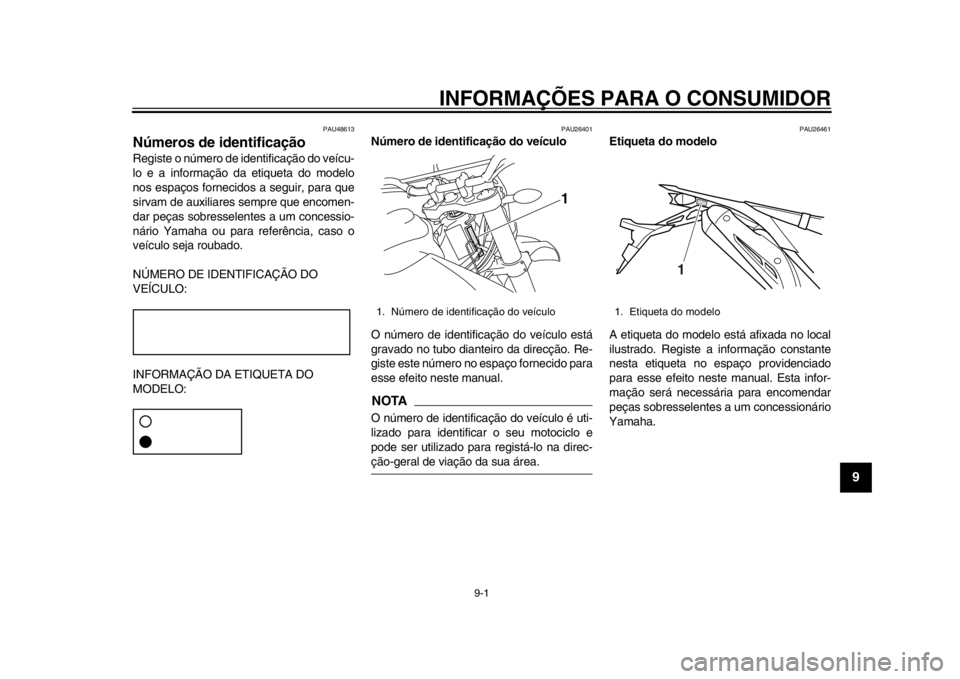 YAMAHA WR 250R 2014  Manual de utilização (in Portuguese) 9-1
2
3
4
5
6
7
89
INFORMAÇÕES PARA O CONSUMIDOR
PAU48613
Números de identificaçãoRegiste o número de identificação do veícu-
lo e a informação da etiqueta do modelo
nos espaços fornecidos
