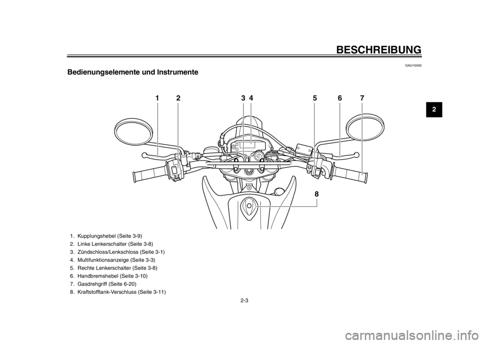 YAMAHA WR 250R 2012  Betriebsanleitungen (in German) BESCHREIBUNG
2-3
23
4
5
6
7
8
9
GAU10430
Bedienungselemente und Instrumente
12345 6
8
7
1. Kupplungshebel (Seite 3-9)
2. Linke Lenkerschalter (Seite 3-8)
3. Zündschloss/Lenkschloss (Seite 3-1)
4. Mul
