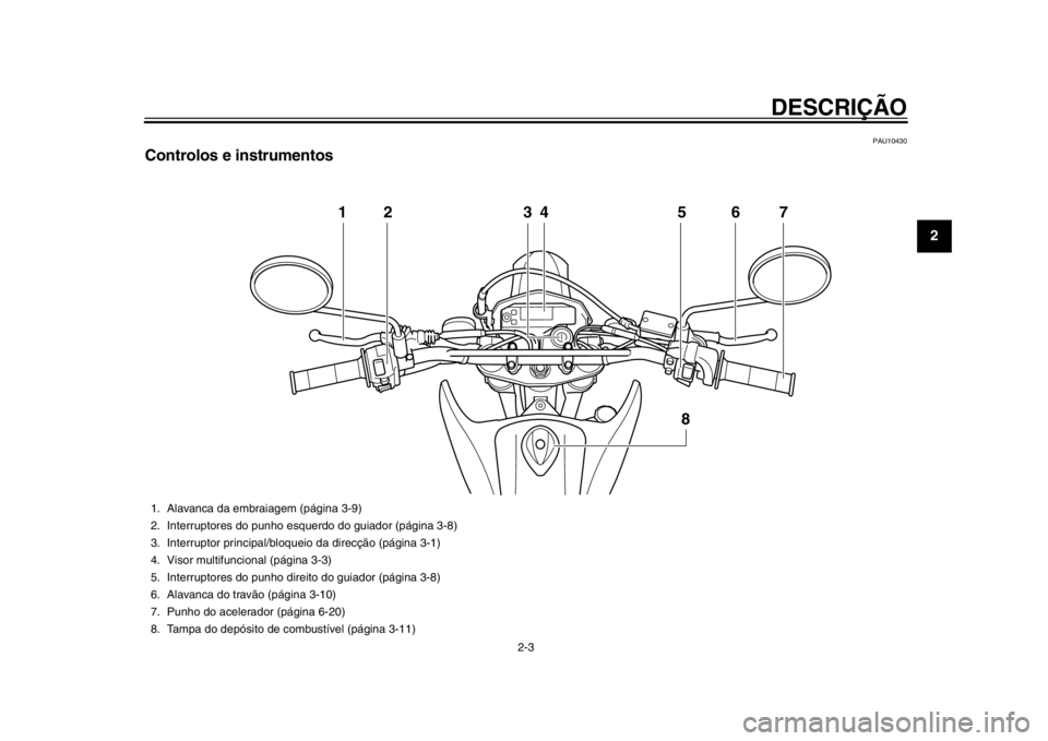YAMAHA WR 250R 2012  Manual de utilização (in Portuguese) DESCRIÇÃO
2-3
23
4
5
6
7
8
9
PAU10430
Controlos e instrumentos
12345 6
8
7
1. Alavanca da embraiagem (página 3-9)
2. Interruptores do punho esquerdo do guiador (página 3-8)
3. Interruptor principa