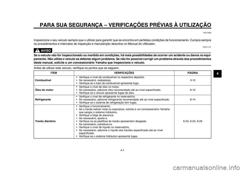 YAMAHA WR 250R 2012 Manual de utilização (in Portuguese) 4-1
2
345
6
7
8
9
PARA SUA SEGURANÇA – VERIFICAÇÕES PRÉVIAS À UTILIZAÇÃO
PAU15596
Inspeccione o seu veículo sempre que o utilizar para garantir que se encontra em perfeitas condições de fu YAMAHA WR 250R 2012 Manual de utilização (in Portuguese) 4-1
2
345
6
7
8
9
PARA SUA SEGURANÇA – VERIFICAÇÕES PRÉVIAS À UTILIZAÇÃO
PAU15596
Inspeccione o seu veículo sempre que o utilizar para garantir que se encontra em perfeitas condições de fu
