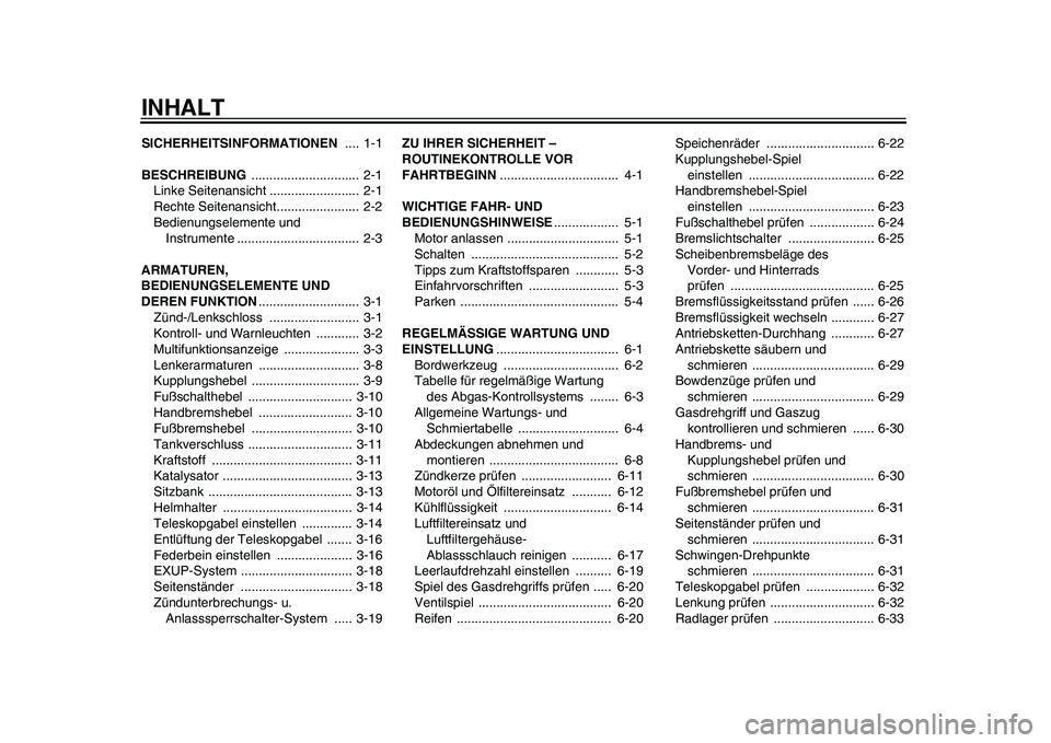 YAMAHA WR 250R 2011 Betriebsanleitungen (in German) INHALTSICHERHEITSINFORMATIONEN .... 1-1
BESCHREIBUNG .............................. 2-1
Linke Seitenansicht ......................... 2-1
Rechte Seitenansicht....................... 2-2
Bedienungs YAMAHA WR 250R 2011 Betriebsanleitungen (in German) INHALTSICHERHEITSINFORMATIONEN .... 1-1
BESCHREIBUNG .............................. 2-1
Linke Seitenansicht ......................... 2-1
Rechte Seitenansicht....................... 2-2
Bedienungs