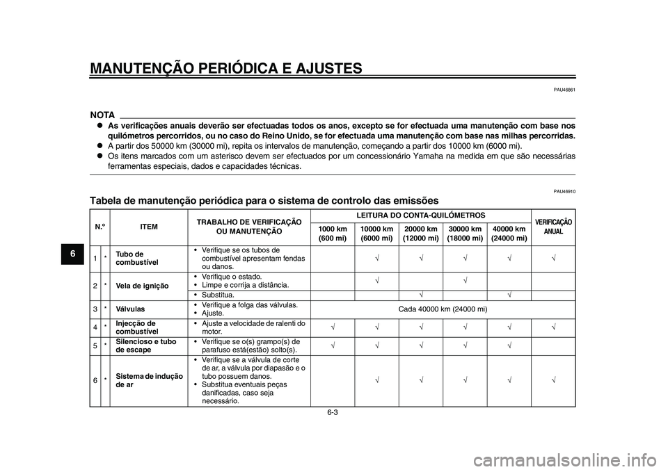 YAMAHA WR 250R 2011 Manual de utilização (in Portuguese) MANUTENÇÃO PERIÓDICA E AJUSTES
6-3
1
2
3
4
56
7
8
9
PAU46861
NOTA
As verificações anuais deverão ser efectuadas todos os anos, excepto se for efectuada uma manutenção com base nos
quilómet YAMAHA WR 250R 2011 Manual de utilização (in Portuguese) MANUTENÇÃO PERIÓDICA E AJUSTES
6-3
1
2
3
4
56
7
8
9
PAU46861
NOTA
As verificações anuais deverão ser efectuadas todos os anos, excepto se for efectuada uma manutenção com base nos
quilómet