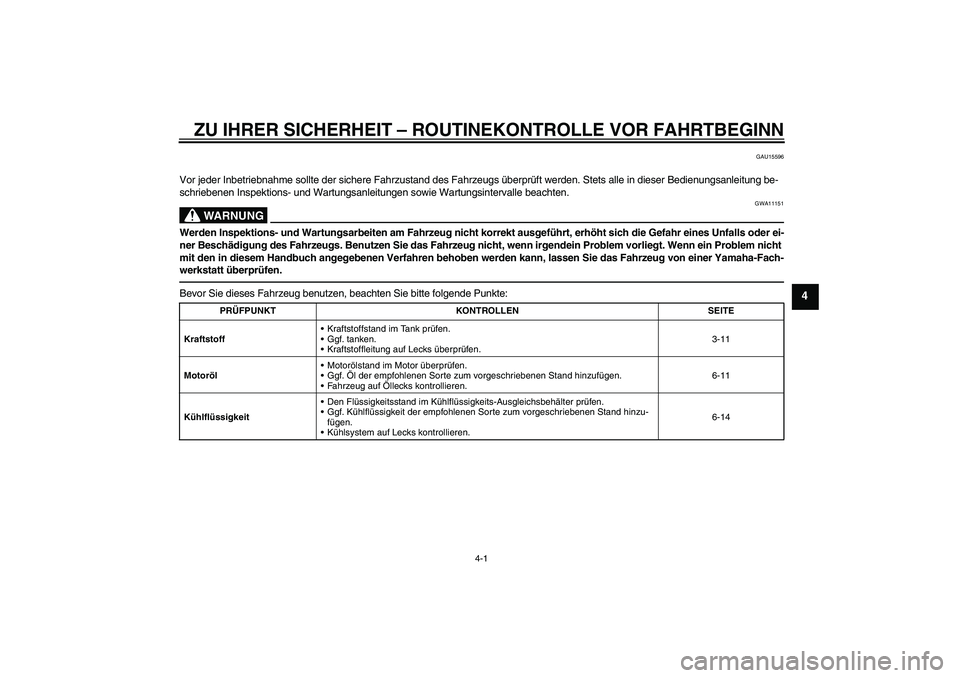 YAMAHA WR 250R 2010  Betriebsanleitungen (in German) ZU IHRER SICHERHEIT – ROUTINEKONTROLLE VOR FAHRTBEGINN
4-1
4
GAU15596
Vor jeder Inbetriebnahme sollte der sichere Fahrzustand des Fahrzeugs überprüft werden. Stets alle in dieser Bedienungsanleitu