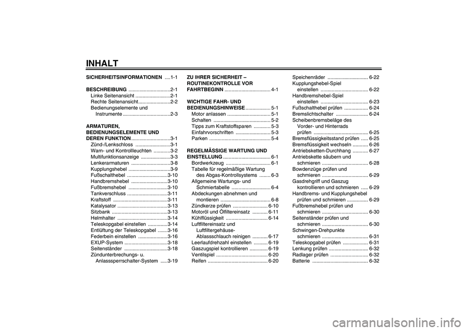 YAMAHA WR 250R 2010 Betriebsanleitungen (in German) INHALTSICHERHEITSINFORMATIONEN ....1-1
BESCHREIBUNG ..............................2-1
Linke Seitenansicht .........................2-1
Rechte Seitenansicht.......................2-2
Bedienungselemente YAMAHA WR 250R 2010 Betriebsanleitungen (in German) INHALTSICHERHEITSINFORMATIONEN ....1-1
BESCHREIBUNG ..............................2-1
Linke Seitenansicht .........................2-1
Rechte Seitenansicht.......................2-2
Bedienungselemente