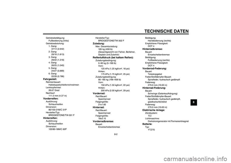 YAMAHA WR 250R 2010  Betriebsanleitungen (in German) TECHNISCHE DATEN
8-2
8
Getriebebetätigung:
Fußbedienung (links)
Getriebeabstufung:
1. Gang:
37/14 (2.642)
2. Gang:
29/16 (1.813)
3. Gang:
29/22 (1.318)
4. Gang:
26/25 (1.040)
5. Gang:
24/27 (0.889)
