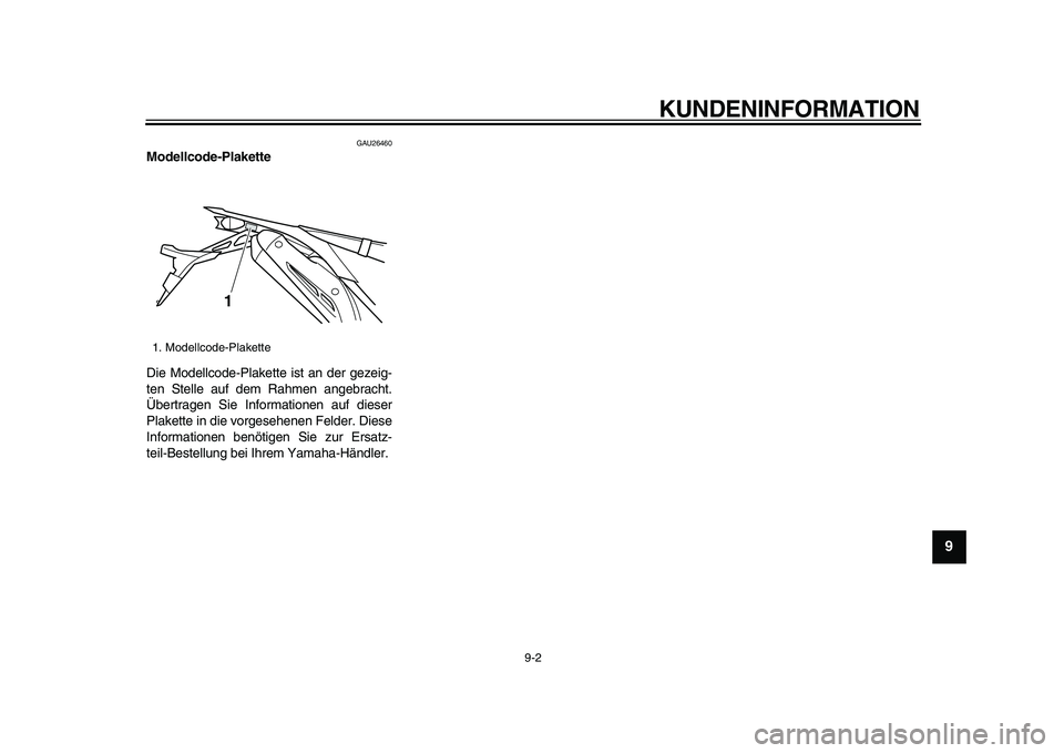 YAMAHA WR 250R 2009  Betriebsanleitungen (in German)  
KUNDENINFORMATION 
9-2 
2
3
4
5
6
7
8
9
 
GAU26460 
Modellcode-Plakette  
Die Modellcode-Plakette ist an der gezeig-
ten Stelle auf dem Rahmen angebracht.
Übertragen Sie Informationen auf dieser
Pl