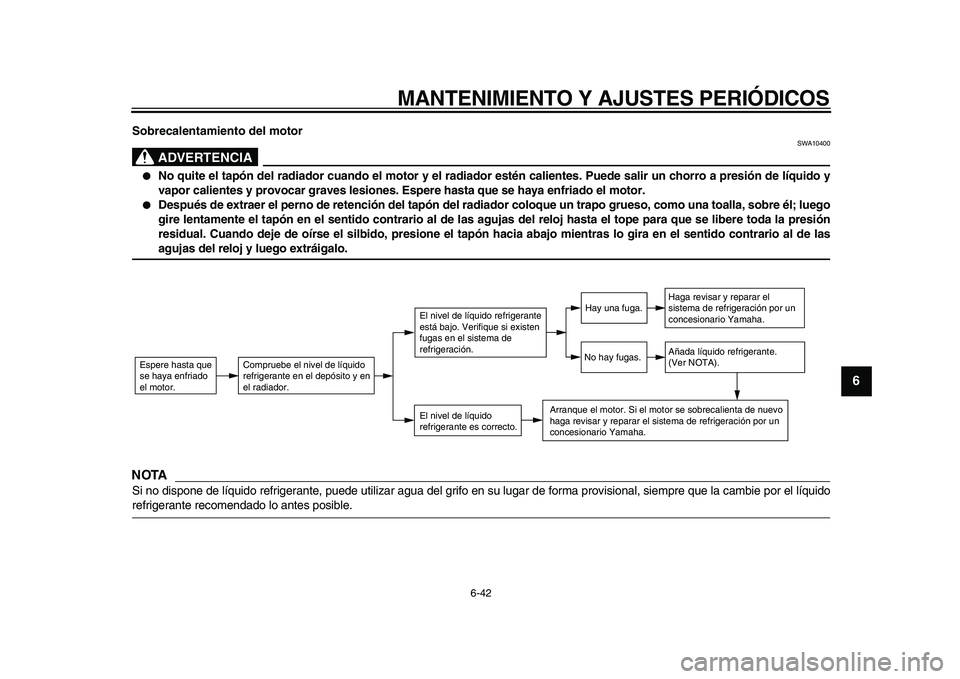 YAMAHA WR 250R 2009 Manuale de Empleo (in Spanish)
MANTENIMIENTO Y AJUSTES PERIÓDICOS
6-42
2
3
4
5
67
8
9
Sobrecalentamiento del motor
ADVERTENCIA
SWA10400
No quite el tapón del radiador cuando el motor y el radiador estén calientes. Pu YAMAHA WR 250R 2009 Manuale de Empleo (in Spanish)
MANTENIMIENTO Y AJUSTES PERIÓDICOS
6-42
2
3
4
5
67
8
9
Sobrecalentamiento del motor
ADVERTENCIA
SWA10400
No quite el tapón del radiador cuando el motor y el radiador estén calientes. Pu