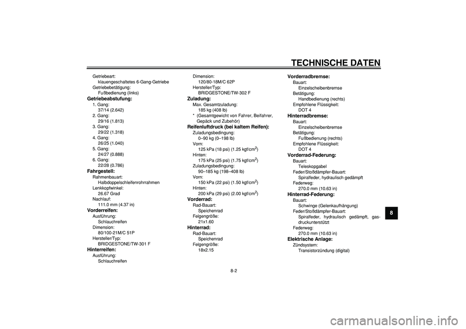 YAMAHA WR 250R 2008 Betriebsanleitungen (in German)
TECHNISCHE DATEN
8-2
2
3
4
5
6
7
89
Getriebeart:
klauengeschaltetes 6-Gang-Getriebe
Getriebebetätigung:
Fußbedienung (links)
Getriebeabstufung:
1. Gang:
37/14 (2.642)
2. Gang:
29/16 (1.8 YAMAHA WR 250R 2008 Betriebsanleitungen (in German)
TECHNISCHE DATEN
8-2
2
3
4
5
6
7
89
Getriebeart:
klauengeschaltetes 6-Gang-Getriebe
Getriebebetätigung:
Fußbedienung (links)
Getriebeabstufung:
1. Gang:
37/14 (2.642)
2. Gang:
29/16 (1.8