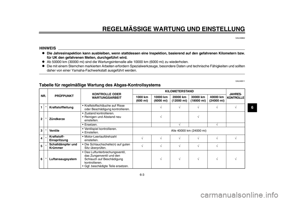 YAMAHA WR 250X 2014  Betriebsanleitungen (in German) REGELMÄSSIGE WARTUNG UND EINSTELLUNG
6-3
2
3
4
567
8
9
GAU46862
HINWEIS
Die Jahresinspektion kann ausbleiben, wenn stattdessen eine Inspektion, basierend auf den gefahrenen Kilometern bzw.
für UK
