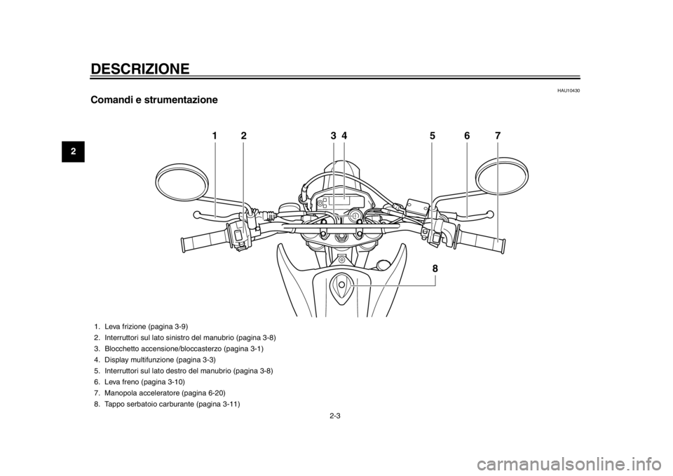 YAMAHA WR 250X 2012  Manuale duso (in Italian) DESCRIZIONE
2-3
12
3
4
5
6
7
8
9
HAU10430
Comandi e strumentazione
12345 6
8
7
1. Leva frizione (pagina 3-9)
2. Interruttori sul lato sinistro del manubrio (pagina 3-8)
3. Blocchetto accensione/bl occ