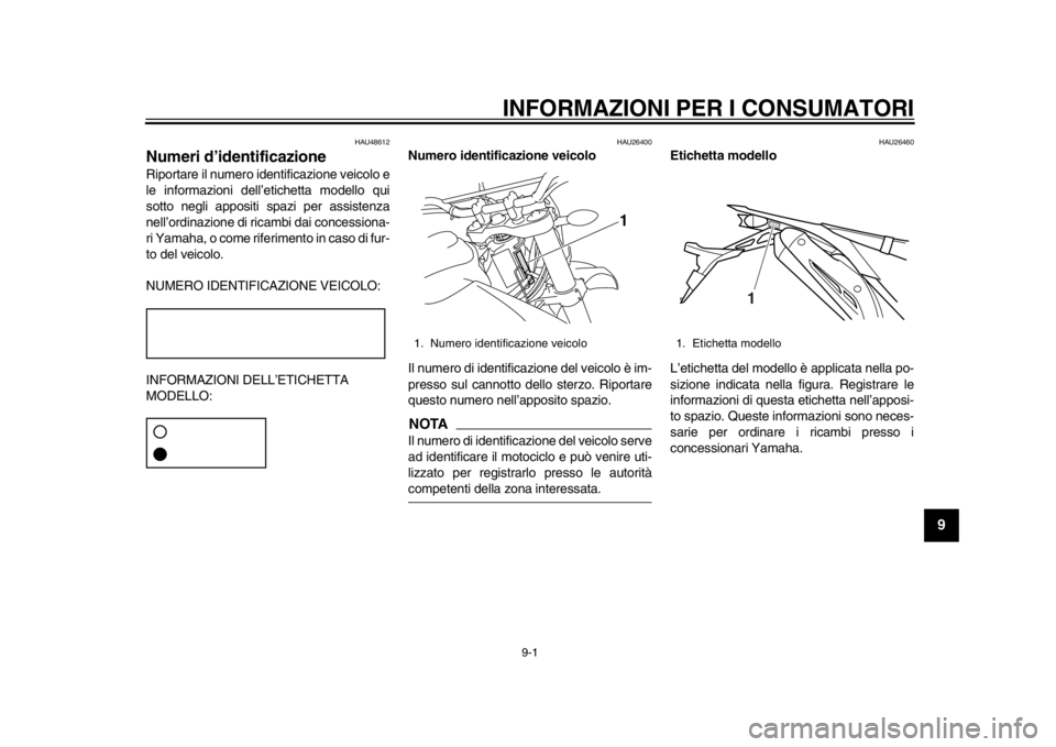 YAMAHA WR 250X 2012  Manuale duso (in Italian) 9-1
2
3
4
5
6
7
89
INFORMAZIONI PER I CONSUMATORI
HAU48612
Numeri d’identificazione Riportare il numero identificazione veicolo e
le informazioni dell’etichetta modello qui
sotto negli appositi sp
