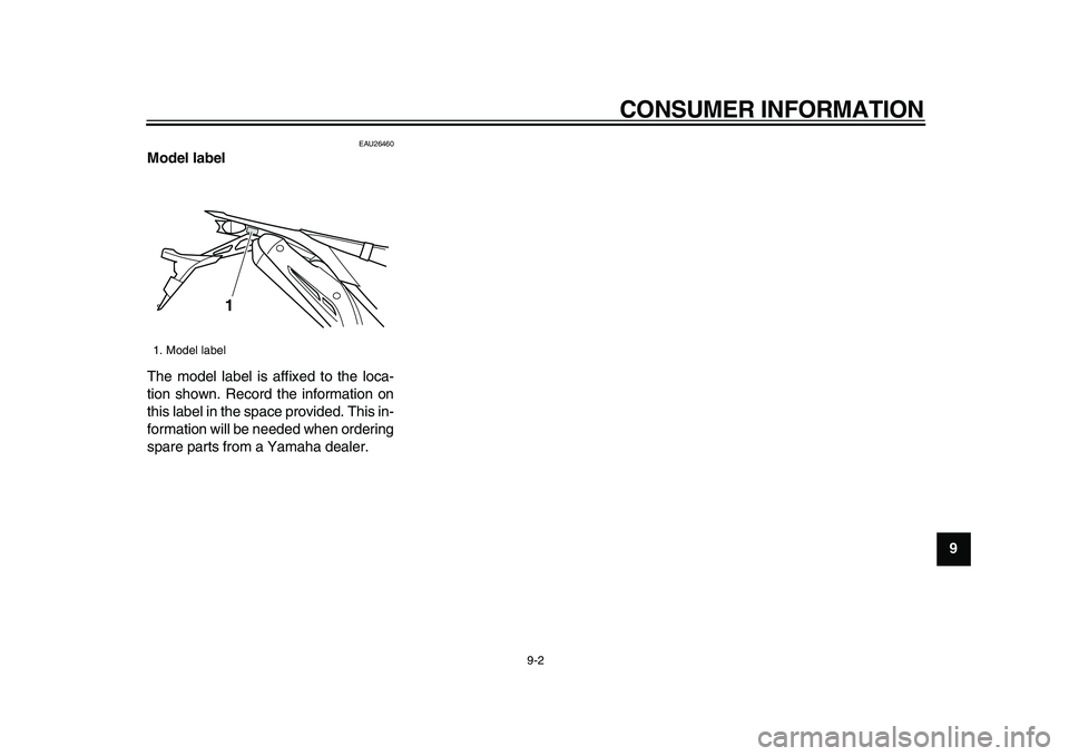YAMAHA WR 250X 2009  Owners Manual  
CONSUMER INFORMATION 
9-2 
2
3
4
5
6
7
8
9
 
EAU26460 
Model label  
The model label is affixed to the loca-
tion shown. Record the information on
this label in the space provided. This in-
formatio