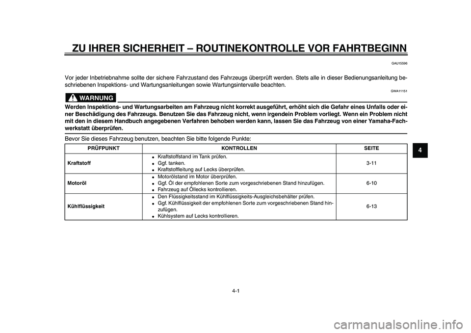 YAMAHA WR 250X 2009 Betriebsanleitungen (in German)
4-1
2
3
45
6
7
8
9
ZU IHRER SICHERHEIT – ROUTINEKONTROLLE VOR FAHRTBEGINN
GAU15596
Vor jeder Inbetriebnahme sollte der sichere Fahrzustand des Fahrzeugs überprüft werden. Stets alle in dies YAMAHA WR 250X 2009 Betriebsanleitungen (in German)
4-1
2
3
45
6
7
8
9
ZU IHRER SICHERHEIT – ROUTINEKONTROLLE VOR FAHRTBEGINN
GAU15596
Vor jeder Inbetriebnahme sollte der sichere Fahrzustand des Fahrzeugs überprüft werden. Stets alle in dies