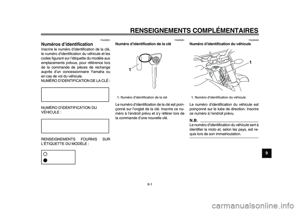 YAMAHA WR 250X 2009 Notices Demploi (in French)
9-1
2
3
4
5
6
7
8
9
RENSEIGNEMENTS COMPLÉMENTAIRES
FAU26351
Numéros d’identification
Inscrire le numéro d’identification de la clé,
le numéro d’identification du véhicule et les
c YAMAHA WR 250X 2009 Notices Demploi (in French)
9-1
2
3
4
5
6
7
8
9
RENSEIGNEMENTS COMPLÉMENTAIRES
FAU26351
Numéros d’identification
Inscrire le numéro d’identification de la clé,
le numéro d’identification du véhicule et les
c