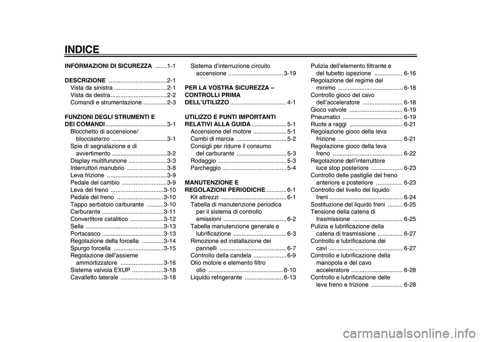 YAMAHA WR 250X 2009 Manuale duso (in Italian)
INDICE
INFORMAZIONI DI SICUREZZA
.......1-1
DESCRIZIONE
...................................2-1
Vista da sinistra ................................2-1
Vista da destra........................... YAMAHA WR 250X 2009 Manuale duso (in Italian)
INDICE
INFORMAZIONI DI SICUREZZA
.......1-1
DESCRIZIONE
...................................2-1
Vista da sinistra ................................2-1
Vista da destra...........................