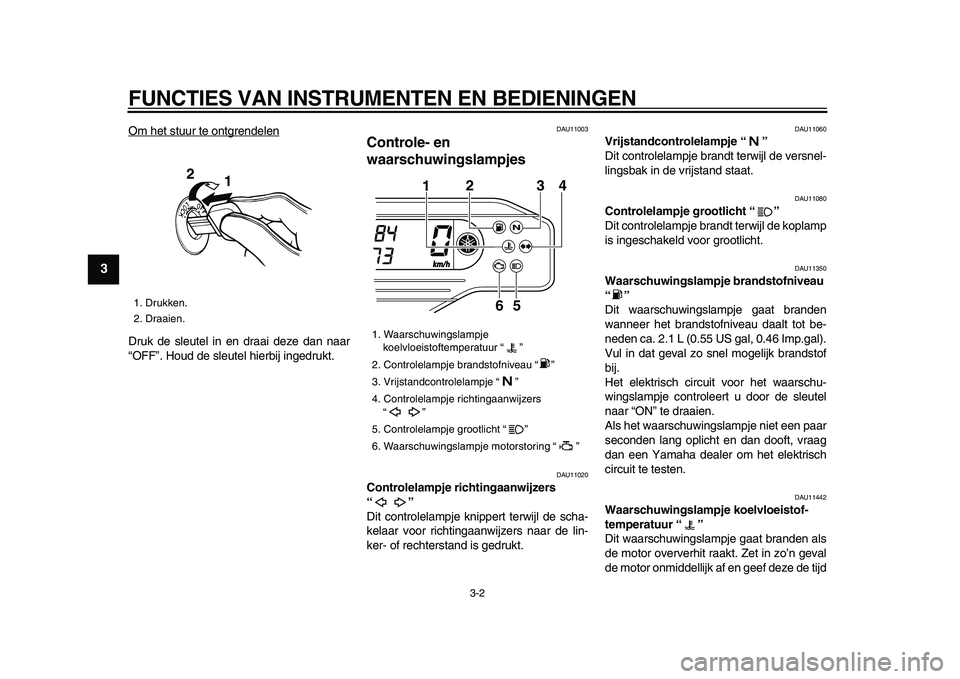 YAMAHA WR 250X 2009 Instructieboekje (in Dutch)
FUNCTIES VAN INSTRUMENTEN EN BEDIENINGEN
3-2
1
2
3
4
5
6
7
8
9
Om het stuur te ontgrendelen
Druk de sleutel in en draai deze dan naar
“OFF”. Houd de sleutel hierbij ingedrukt.
DAU11003
Co YAMAHA WR 250X 2009 Instructieboekje (in Dutch)
FUNCTIES VAN INSTRUMENTEN EN BEDIENINGEN
3-2
1
2
3
4
5
6
7
8
9
Om het stuur te ontgrendelen
Druk de sleutel in en draai deze dan naar
“OFF”. Houd de sleutel hierbij ingedrukt.
DAU11003
Co