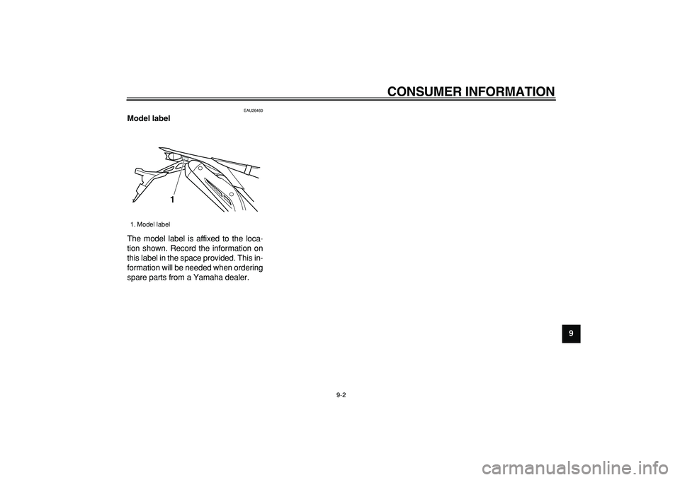 YAMAHA WR 250X 2008  Owners Manual  
CONSUMER INFORMATION 
9-2 
2
3
4
5
6
7
8
9
 
EAU26460 
Model label  
The model label is affixed to the loca-
tion shown. Record the information on
this label in the space provided. This in-
formatio