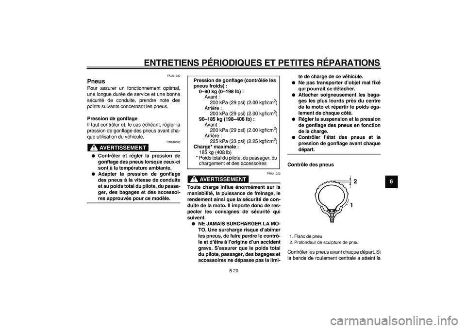 YAMAHA WR 250X 2008  Notices Demploi (in French)  
ENTRETIENS PÉRIODIQUES ET PETITES RÉPARATIONS 
6-20 
2
3
4
5
67
8
9
 
FAU21640 
Pneus  
Pour assurer un fonctionnement optimal,
une longue durée de service et une bonne
sécurité de conduite, pr