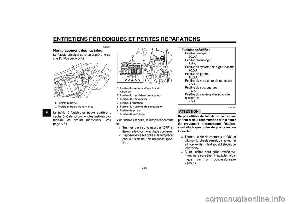 YAMAHA WR 250X 2008  Notices Demploi (in French)  
ENTRETIENS PÉRIODIQUES ET PETITES RÉPARATIONS 
6-33 
1
2
3
4
5
6
7
8
9
 
FAU23541 
Remplacement des fusibles  
Le fusible principal se situe derrière le ca-
che D. (Voir page 6-7.)
Le boîtier à