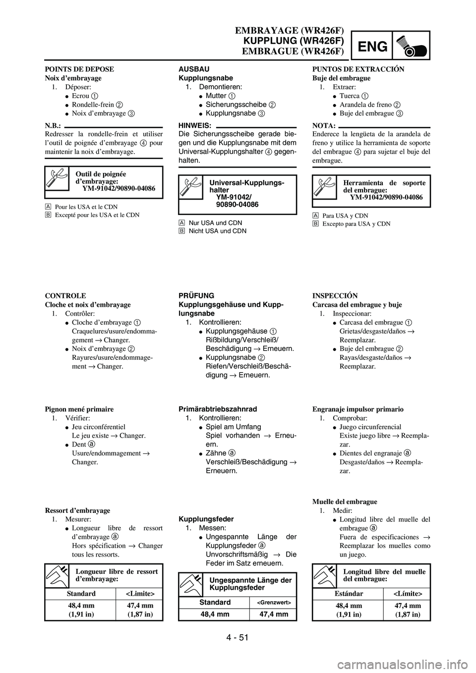 YAMAHA WR 426F 2002  Owners Manual ENG
4 - 51
AUSBAU
Kupplungsnabe
1. Demontieren:
Mutter 1 
Sicherungsscheibe 2 
Kupplungsnabe 3 
HINWEIS:
Die Sicherungsscheibe gerade bie-
gen und die Kupplungsnabe mit dem
Universal-Kupplungshalte