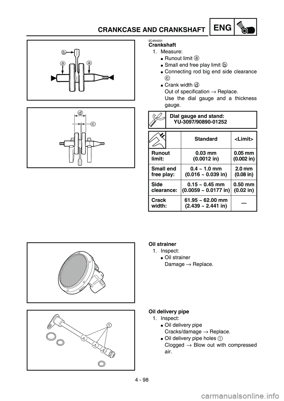 YAMAHA WR 426F 2002  Owners Manual 4 - 98
ENGCRANKCASE AND CRANKSHAFT
EC4N4201
Crankshaft
1. Measure:
Runout limit a 
Small end free play limit b 
Connecting rod big end side clearance
c 
Crank width d 
Out of specification → Rep