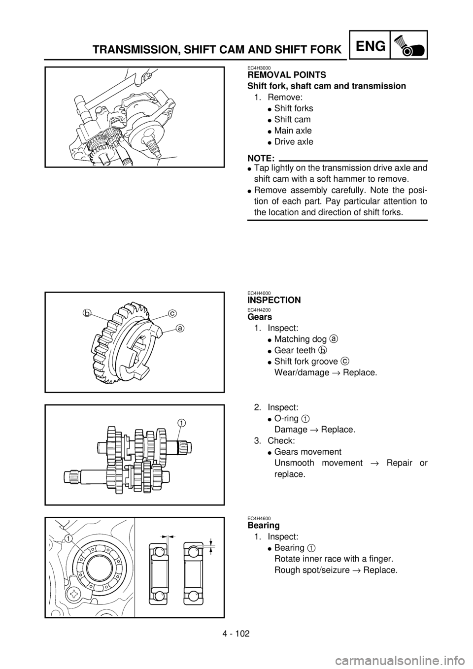 YAMAHA WR 400F 2001  Owners Manual 4 - 102
ENGTRANSMISSION, SHIFT CAM AND SHIFT FORK
EC4H3000
REMOVAL POINTS
Shift fork, shaft cam and transmission
1. Remove:
lShift forks
lShift cam
lMain axle
lDrive axle
NOTE:
lTap lightly on the tra
