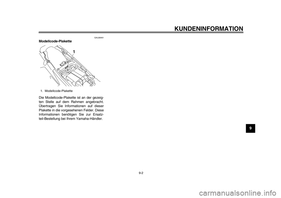 YAMAHA WR 450F 2015  Betriebsanleitungen (in German) KUNDENINFORMATION
9-2
1
2
3
4
5
6
7
8910
11
12
GAU26461
Modellcode-Plakette
Die Modellcode-Plakette ist an der gezeig-
ten Stelle auf dem Rahmen angebracht.
Übertragen Sie Informationen auf dieser
Pl