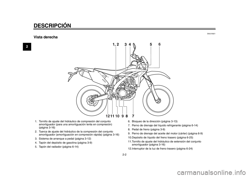 YAMAHA WR 450F 2015  Manuale de Empleo (in Spanish) DESCRIPCIÓN
2-2
12
3
4
5
6
7
8
9
10
11
12
SAU10421
Vista derecha
1, 2 3 5
7
8
11
6
10
12
9 4
1. Tornillo de ajuste del hidr
áulico de compresión del conjunto 
amortiguador (para una amorti guación