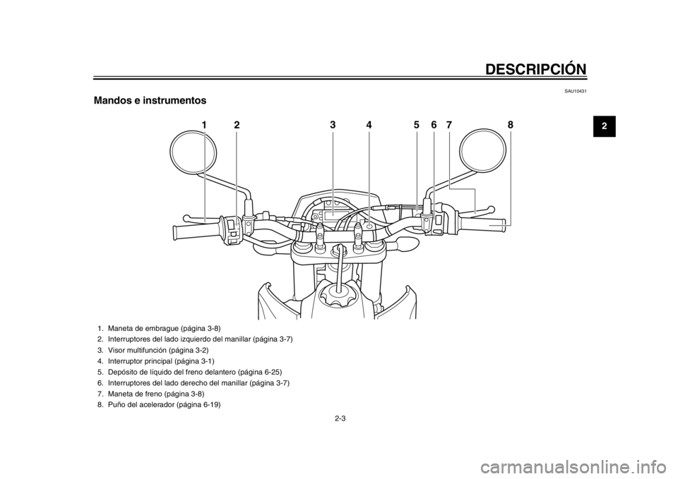 YAMAHA WR 450F 2015  Manuale de Empleo (in Spanish) DESCRIPCIÓN
2-3
123
4
5
6
7
8
9
10
11
12
SAU10431
Mandos e instrumentos
12 3
4 5
6
8
7
1. Maneta de embrague (página 3-8)
2. Interruptores del lado izqui erdo del manillar (página 3-7)
3. Visor mul