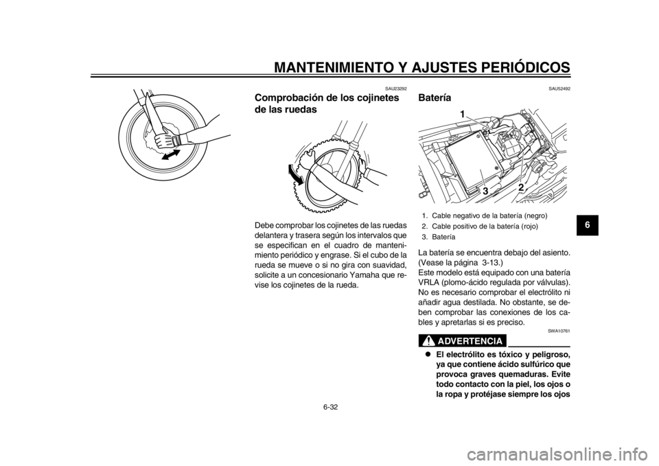 YAMAHA WR 450F 2015 Manuale de Empleo (in Spanish) MANTENIMIENTO Y AJUSTES PERIÓDICOS
6-32
1
2
3
4
567
8
9
10
11
12
SAU23292
Comprobación de los cojinetes
de las ruedasDebe comprobar los cojinetes de las ruedas
delantera y trasera según los interv YAMAHA WR 450F 2015 Manuale de Empleo (in Spanish) MANTENIMIENTO Y AJUSTES PERIÓDICOS
6-32
1
2
3
4
567
8
9
10
11
12
SAU23292
Comprobación de los cojinetes
de las ruedasDebe comprobar los cojinetes de las ruedas
delantera y trasera según los interv