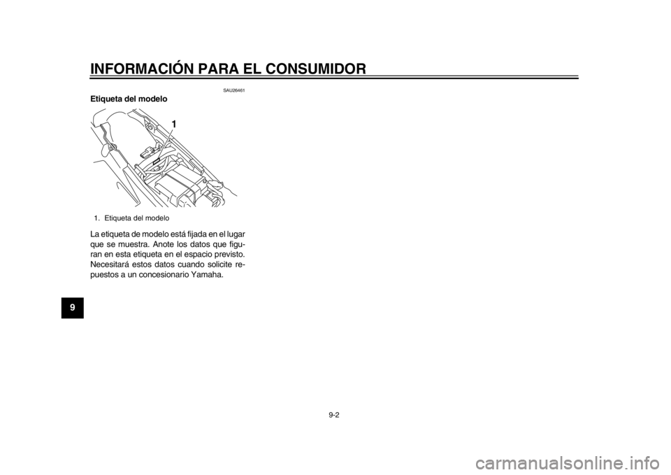 YAMAHA WR 450F 2015  Manuale de Empleo (in Spanish) INFORMACIÓN PARA EL CONSUMIDOR
9-2
1
2
3
4
5
6
7
89
10
11
12
SAU26461
Etiqueta del modelo
La etiqueta de modelo está fijada en el lugar
que se muestra. Anote los datos que figu-
ran en esta etiqueta