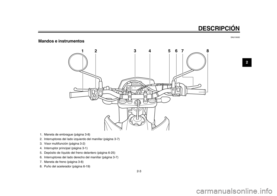 YAMAHA WR 450F 2014  Manuale de Empleo (in Spanish) DESCRIPCIÓN
2-3
23
4
5
6
7
8
9
SAU10430
Mandos e instrumentos
123
4 5
6
8
7
1. Maneta de embrague (página 3-8)
2. Interruptores del lado izqui erdo del manillar (página 3-7)
3. Visor multifunción 
