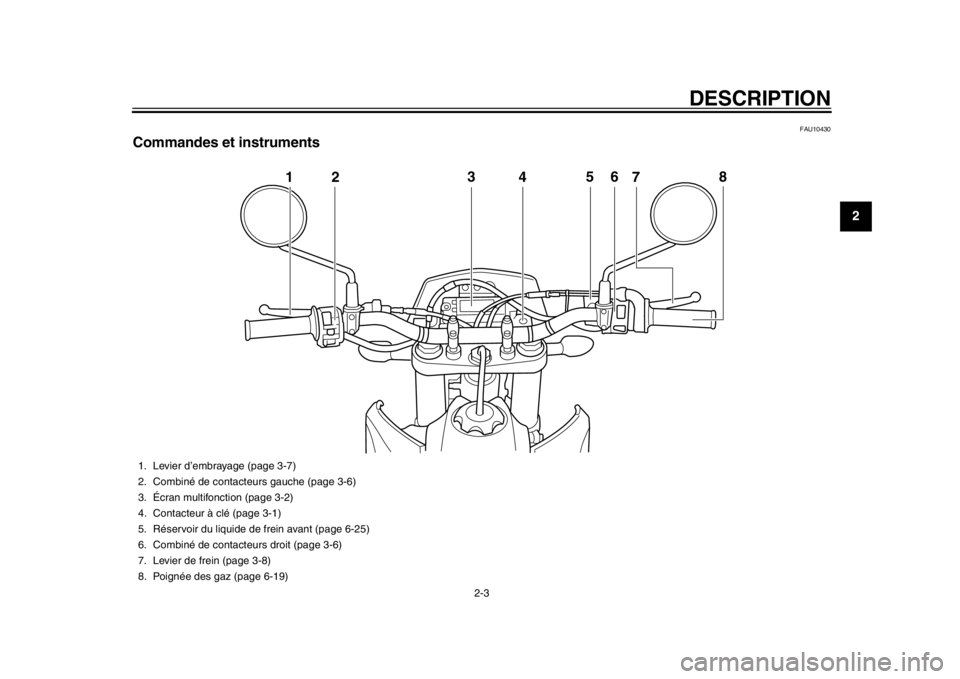 YAMAHA WR 450F 2014  Notices Demploi (in French) DESCRIPTION
2-3
23
4
5
6
7
8
9
FAU10430
Commandes et instruments
123
4 5
6
8
7
1. Levier d’embrayage (page 3-7)
2. Combiné de contacteurs gauche (page 3-6)
3. Écran multifonction (page 3-2)
4. Con