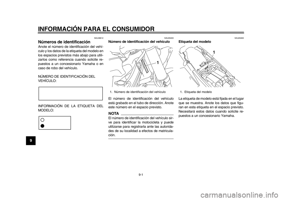YAMAHA WR 450F 2013 Manuale de Empleo (in Spanish) 9-1
1
2
3
4
5
6
7
89
INFORMACIÓN PARA EL CONSUMIDOR
SAU48612
Números de identificación Anote el número de identificación del vehí-
culo y los datos de la etiqueta del modelo en
los espacios prev YAMAHA WR 450F 2013 Manuale de Empleo (in Spanish) 9-1
1
2
3
4
5
6
7
89
INFORMACIÓN PARA EL CONSUMIDOR
SAU48612
Números de identificación Anote el número de identificación del vehí-
culo y los datos de la etiqueta del modelo en
los espacios prev