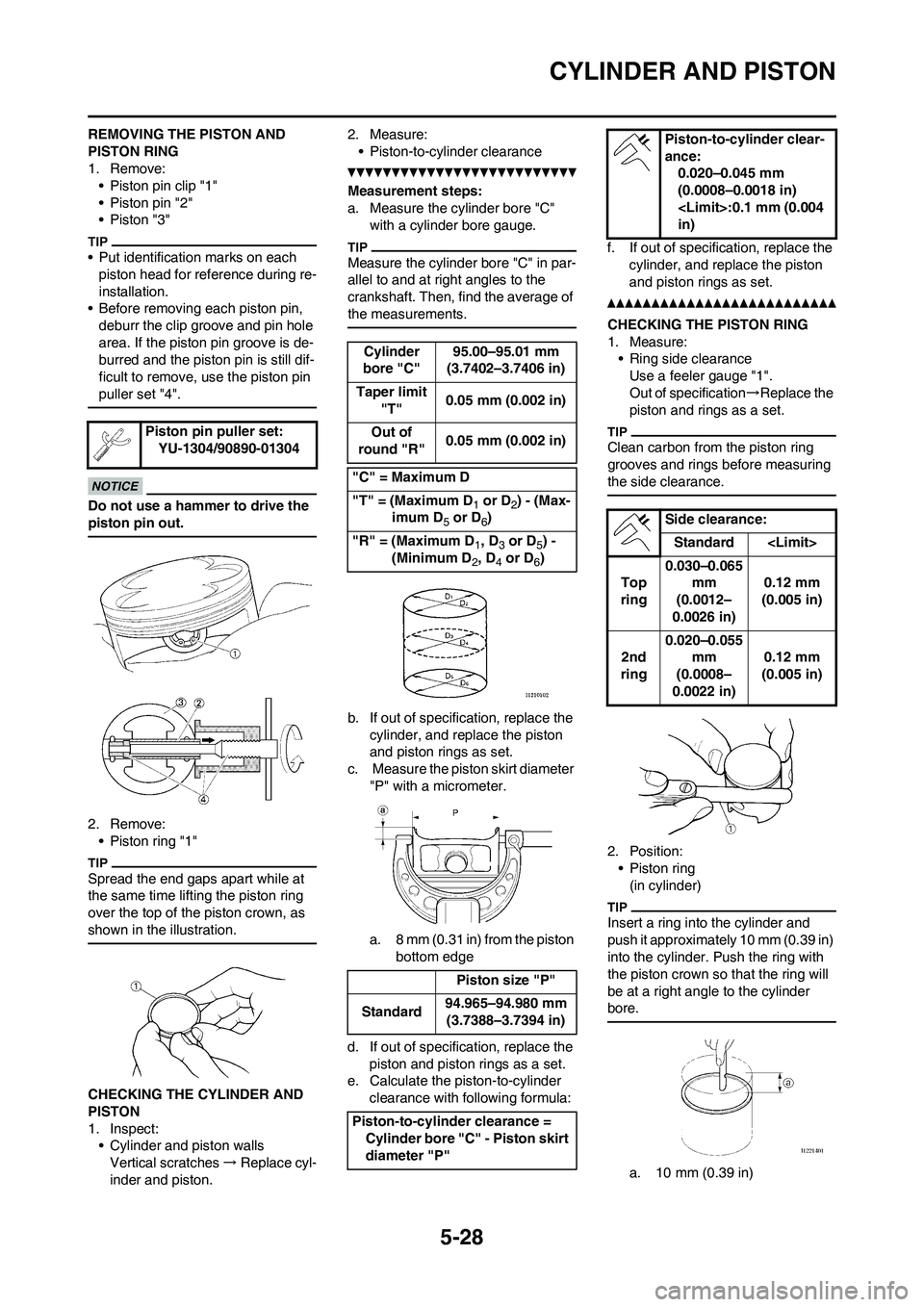 YAMAHA WR 450F 2011  Owners Manual 5-28
CYLINDER AND PISTON
REMOVING THE PISTON AND 
PISTON RING
1. Remove:
• Piston pin clip "1"
• Piston pin "2"
• Piston "3"
• Put identification marks on each 
piston head for reference durin