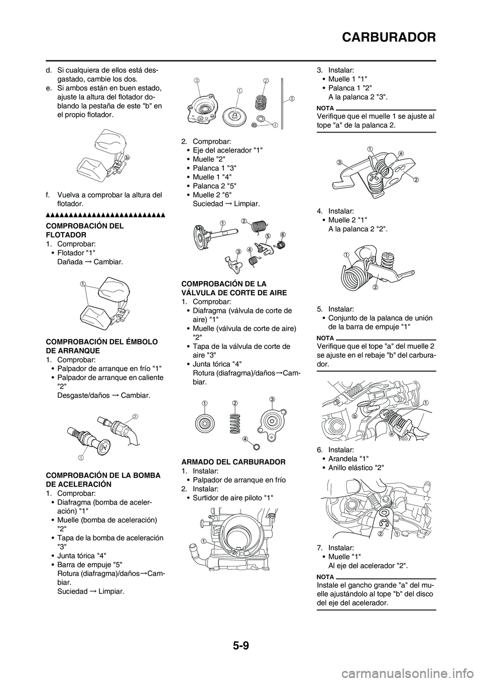 YAMAHA WR 450F 2011  Manuale de Empleo (in Spanish) 5-9
CARBURADOR
d. Si cualquiera de ellos está des-
gastado, cambie los dos.
e. Si ambos están en buen estado, 
ajuste la altura del flotador do-
blando la pestaña de este "b" en 
el propio flotador