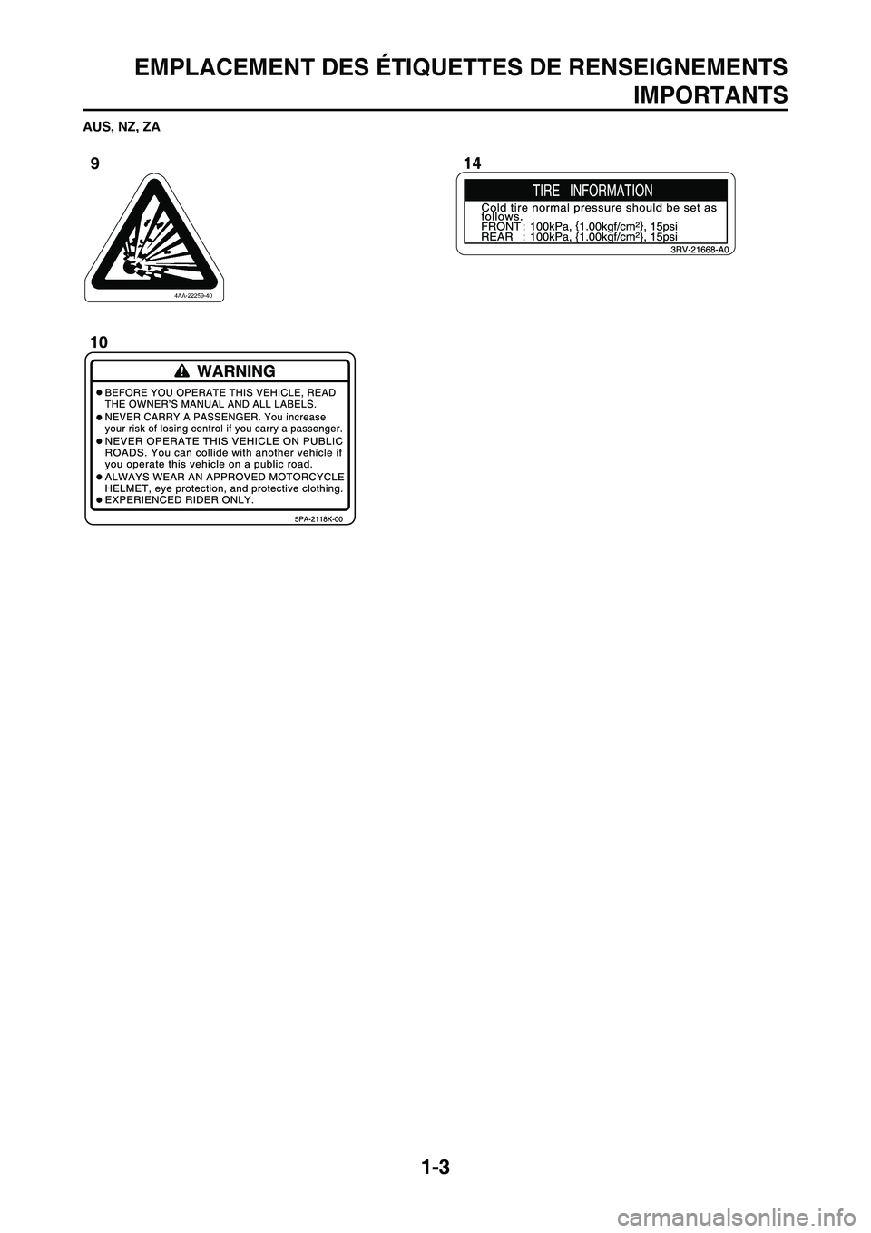 YAMAHA WR 450F 2011  Notices Demploi (in French) 
1-3
EMPLACEMENT DES ÉTIQUETTES DE RENSEIGNEMENTSIMPORTANTS
AUS, NZ, ZA 