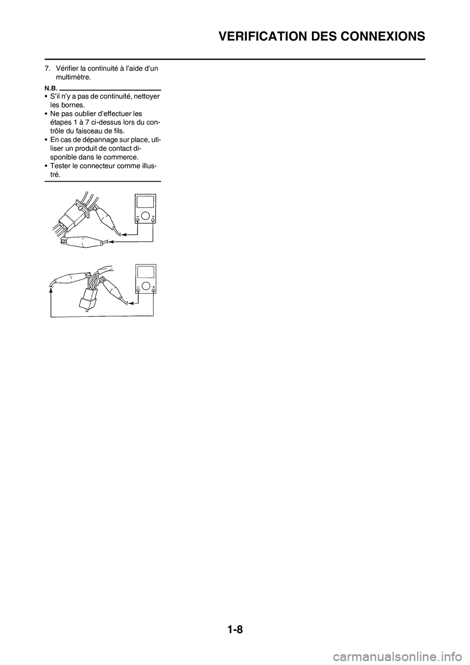 YAMAHA WR 450F 2011  Notices Demploi (in French) 
1-8
VERIFICATION DES CONNEXIONS
7. Vérifier la continuité à l’aide d’un multimètre.
• S’il n’y a pas de continuité, nettoyer les bornes.
• Ne pas oublier d’effectuer les  étapes 1