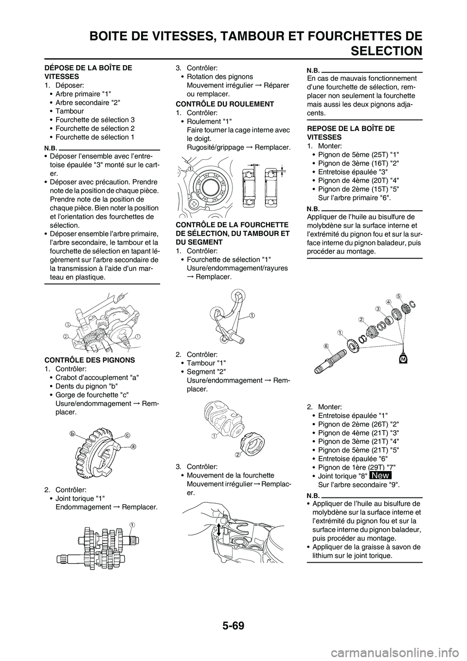 YAMAHA WR 450F 2011 Notices Demploi (in French) 5-69
BOITE DE VITESSES, TAMBOUR ET FOURCHETTES DE
SELECTION
DÉPOSE DE LA BOÎTE DE
VITESSES
1. Déposer:
• Arbre primaire "1"
• Arbre secondaire "2"
• Tambour
• Fourchette de sélection 3
YAMAHA WR 450F 2011 Notices Demploi (in French) 5-69
BOITE DE VITESSES, TAMBOUR ET FOURCHETTES DE
SELECTION
DÉPOSE DE LA BOÎTE DE
VITESSES
1. Déposer:
• Arbre primaire "1"
• Arbre secondaire "2"
• Tambour
• Fourchette de sélection 3
