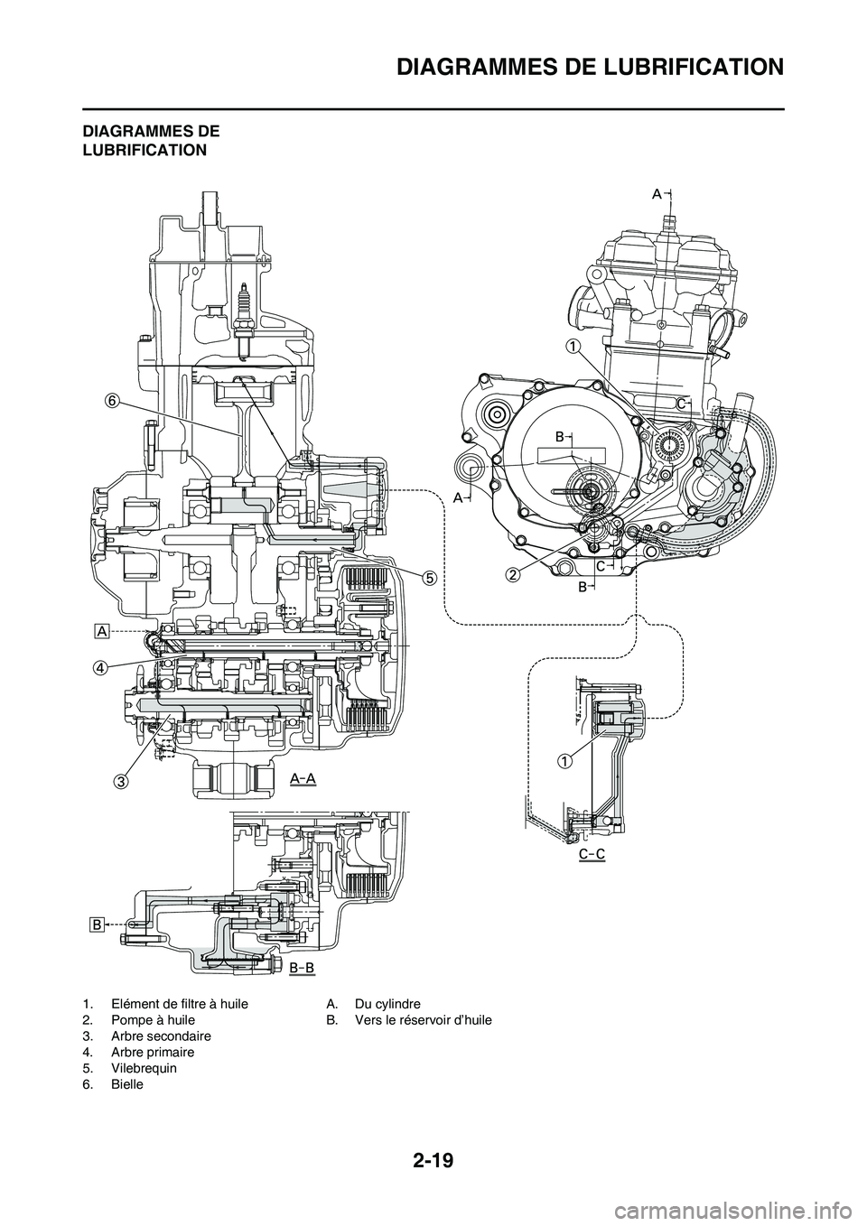 YAMAHA WR 450F 2011  Notices Demploi (in French) 2-19
DIAGRAMMES DE LUBRIFICATION
DIAGRAMMES DE 
LUBRIFICATION
1. Elément de filtre à huile
2. Pompe à huile
3. Arbre secondaire
4. Arbre primaire
5. Vilebrequin
6. BielleA. Du cylindre
B. Vers le r