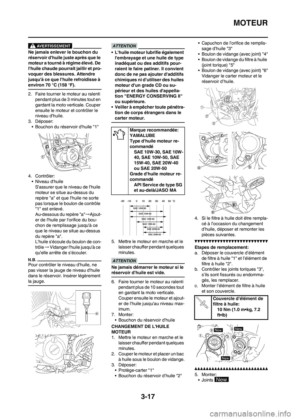YAMAHA WR 450F 2011 Notices Demploi (in French) 3-17
MOTEUR
Ne jamais enlever le bouchon du
réservoir dhuile juste après que le
moteur a tourné à régime élevé. De
lhuile chaude pourrait jaillir et pro-
voquer des blessures. Attendre
ju YAMAHA WR 450F 2011 Notices Demploi (in French) 3-17
MOTEUR
Ne jamais enlever le bouchon du
réservoir dhuile juste après que le
moteur a tourné à régime élevé. De
lhuile chaude pourrait jaillir et pro-
voquer des blessures. Attendre
ju