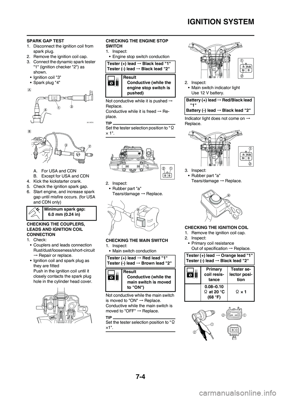 YAMAHA WR 450F 2010 Owners Manual 7-4
IGNITION SYSTEM
SPARK GAP TEST
1. Disconnect the ignition coil from
spark plug.
2. Remove the ignition coil cap.
3. Connect the dynamic spark tester
"1" (ignition checker "2") as
shown.
• Ign YAMAHA WR 450F 2010 Owners Manual 7-4
IGNITION SYSTEM
SPARK GAP TEST
1. Disconnect the ignition coil from
spark plug.
2. Remove the ignition coil cap.
3. Connect the dynamic spark tester
"1" (ignition checker "2") as
shown.
• Ign