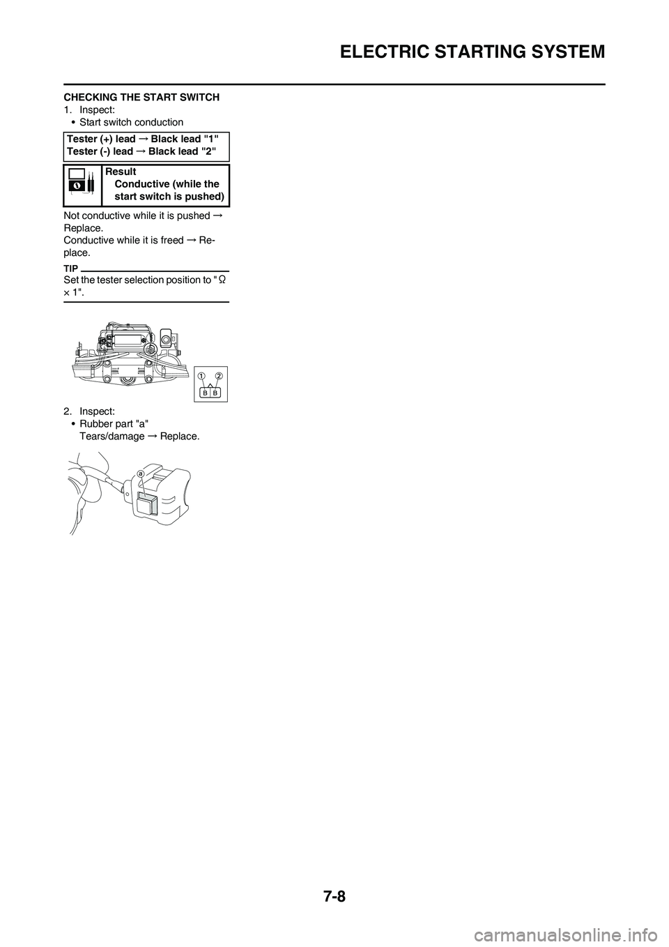 YAMAHA WR 450F 2010  Owners Manual 7-8
ELECTRIC STARTING SYSTEM
CHECKING THE START SWITCH
1. Inspect:
• Start switch conduction
Not conductive while it is pushed→
Replace.
Conductive while it is freed→Re-
place.
Set the tester se