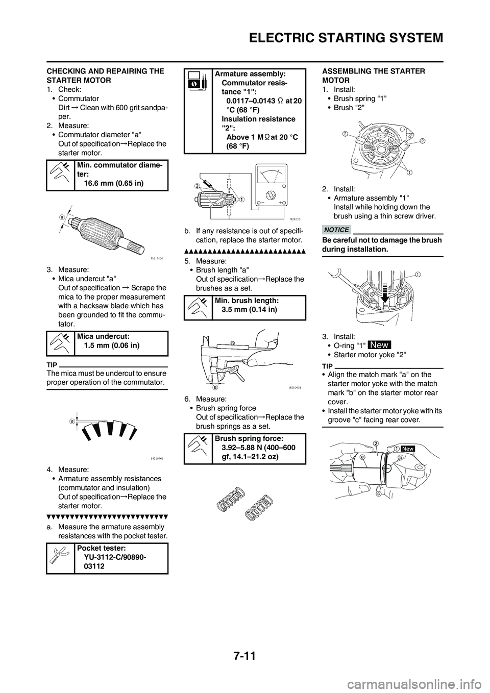 YAMAHA WR 450F 2010  Owners Manual 7-11
ELECTRIC STARTING SYSTEM
CHECKING AND REPAIRING THE 
STARTER MOTOR
1. Check:
• Commutator
Dirt→Clean with 600 grit sandpa-
per.
2. Measure:
• Commutator diameter "a"
Out of specification→