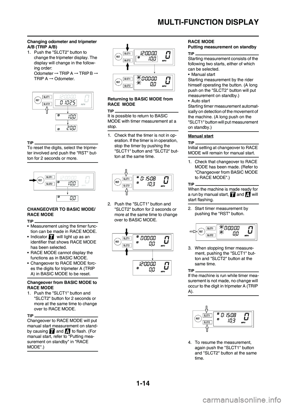 YAMAHA WR 450F 2010  Owners Manual 
1-14
MULTI-FUNCTION DISPLAY
Changing odometer and tripmeter 
A/B (TRIP A/B)
1. Push the "SLCT2" button to change the tripmeter display. The 
display will change in the follow-
ing order:
Odometer  