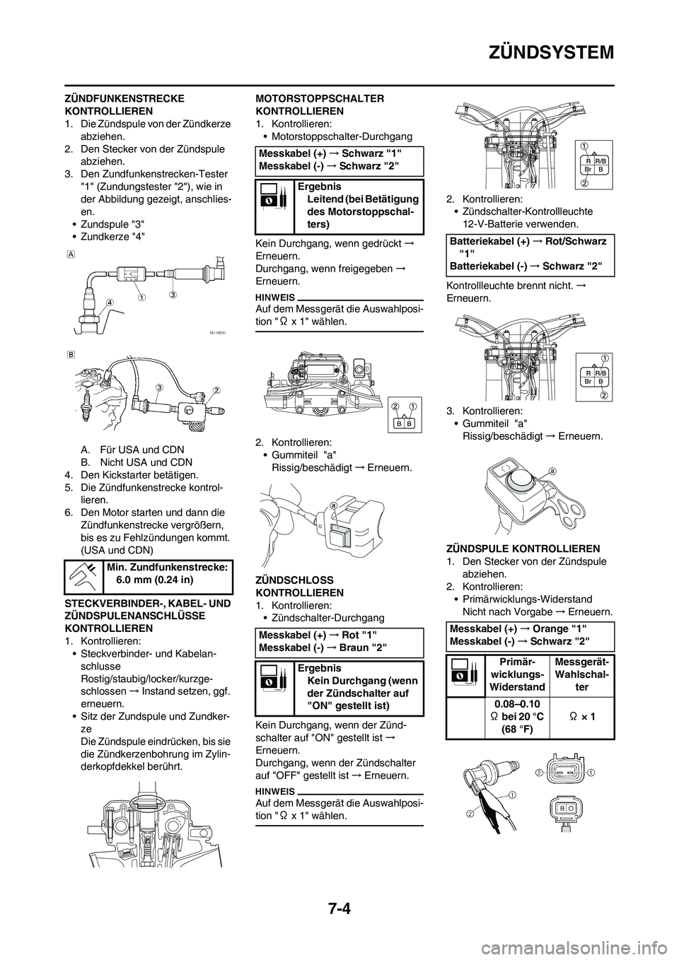 YAMAHA WR 450F 2010  Betriebsanleitungen (in German) 7-4
ZÜNDSYSTEM
ZÜNDFUNKENSTRECKE 
KONTROLLIEREN
1. Die Zündspule von der Zündkerze 
abziehen.
2. Den Stecker von der Zündspule 
abziehen.
3. Den Zundfunkenstrecken-Tester 
"1" (Zundungstester "2"