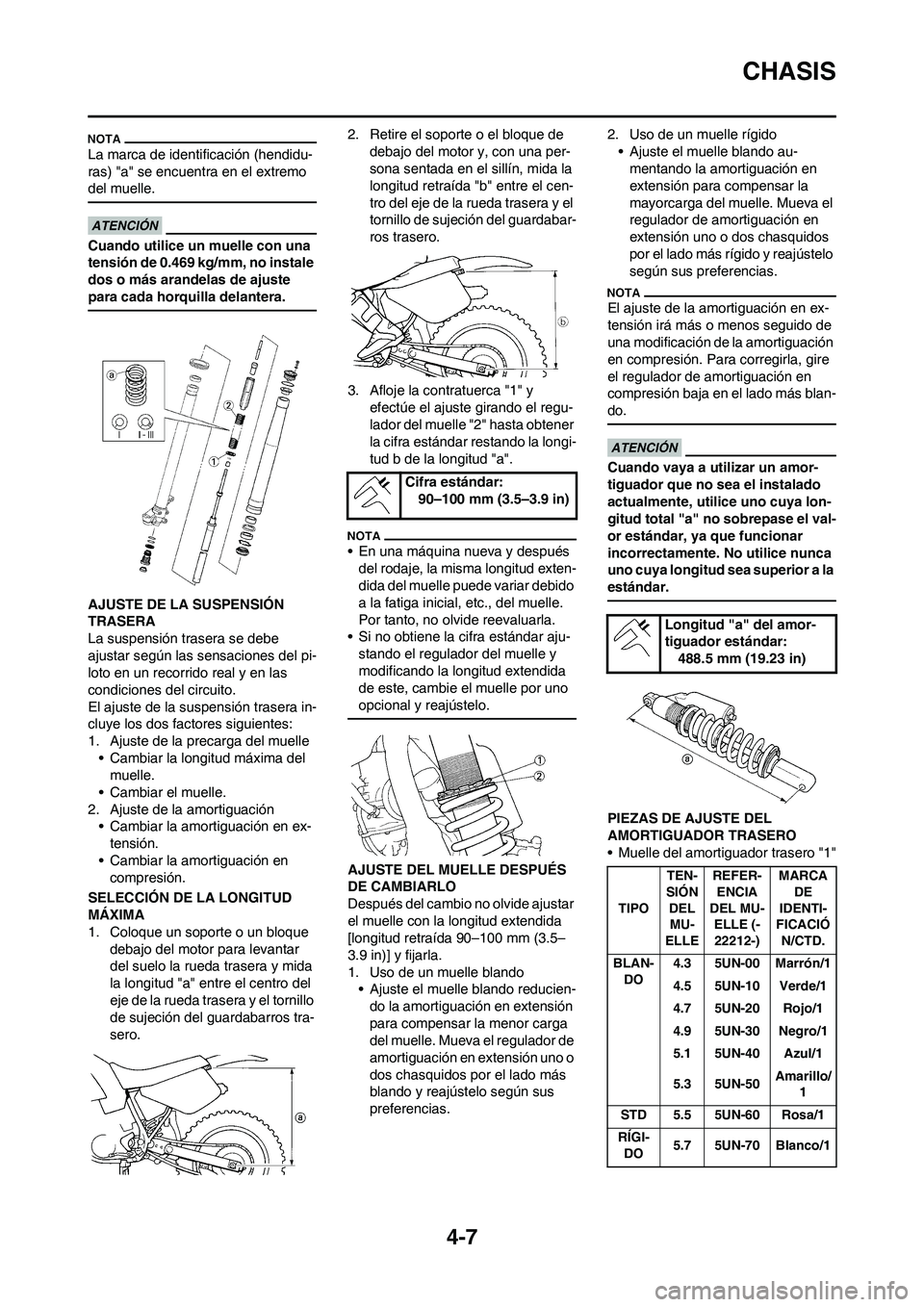 YAMAHA WR 450F 2010  Manuale de Empleo (in Spanish) 4-7
CHASIS
La marca de identificación (hendidu-
ras) "a" se encuentra en el extremo 
del muelle.
Cuando utilice un muelle con una 
tensión de 0.469 kg/mm, no instale 
dos o más arandelas de ajuste 