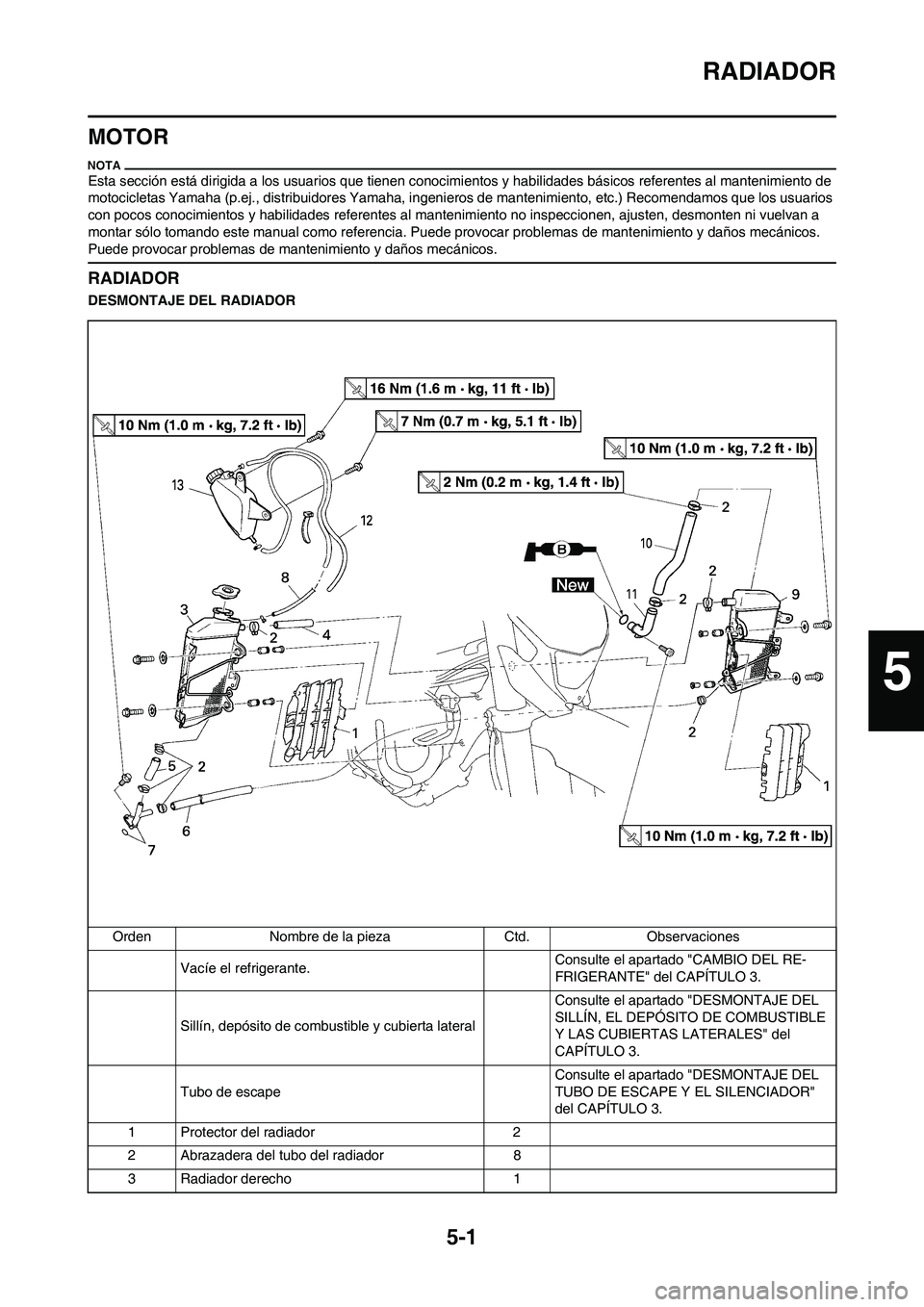 YAMAHA WR 450F 2010  Manuale de Empleo (in Spanish) 5-1
RADIADOR
MOTOR
Esta sección está dirigida a los usuarios que tienen conocimientos y habilidades básicos referentes al mantenimiento de 
motocicletas Yamaha (p.ej., distribuidores Yamaha, ingeni
