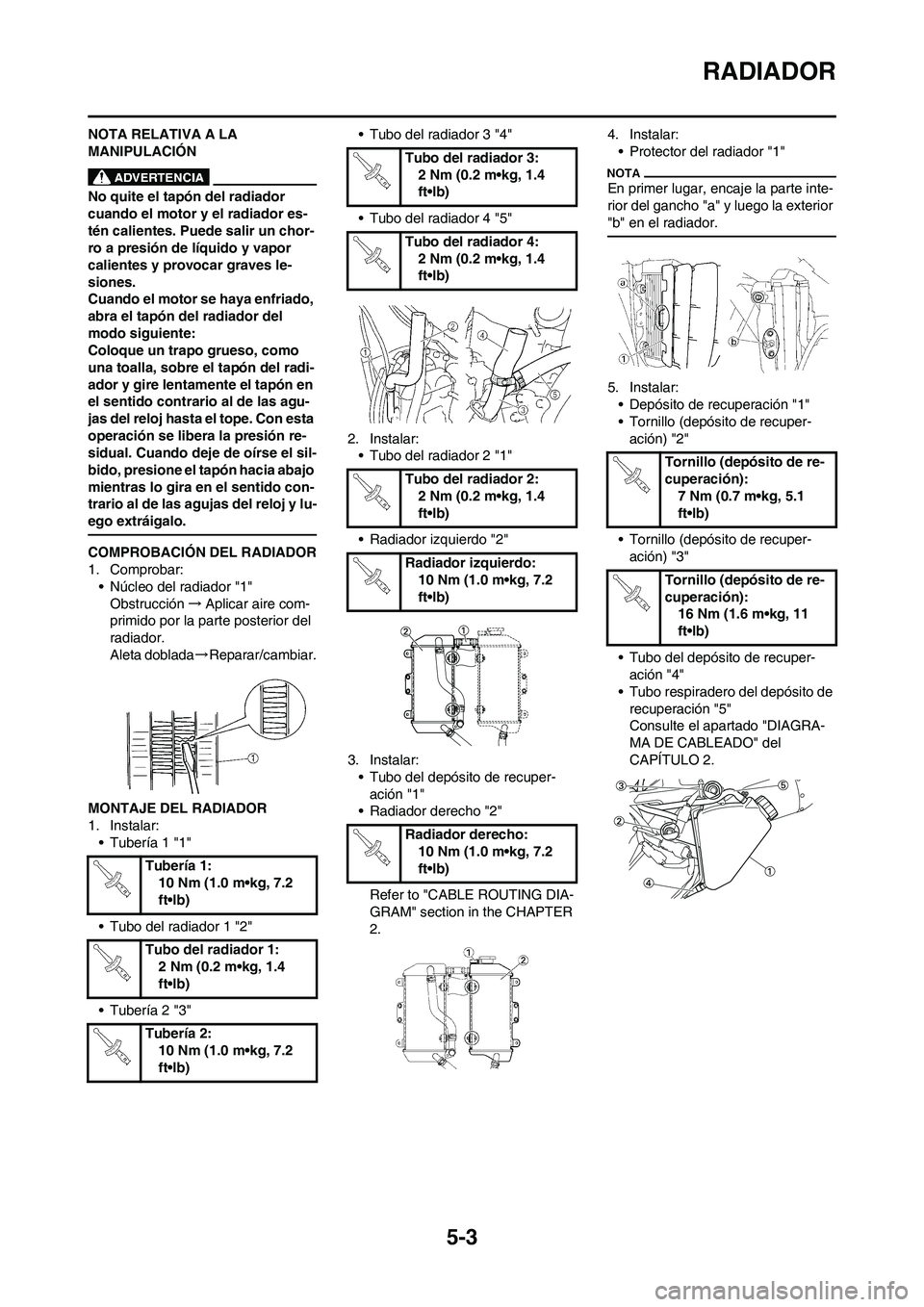 YAMAHA WR 450F 2010  Manuale de Empleo (in Spanish) 5-3
RADIADOR
NOTA RELATIVA A LA 
MANIPULACIÓN
No quite el tapón del radiador 
cuando el motor y el radiador es-
tén calientes. Puede salir un chor-
ro a presión de líquido y vapor 
calientes y pr