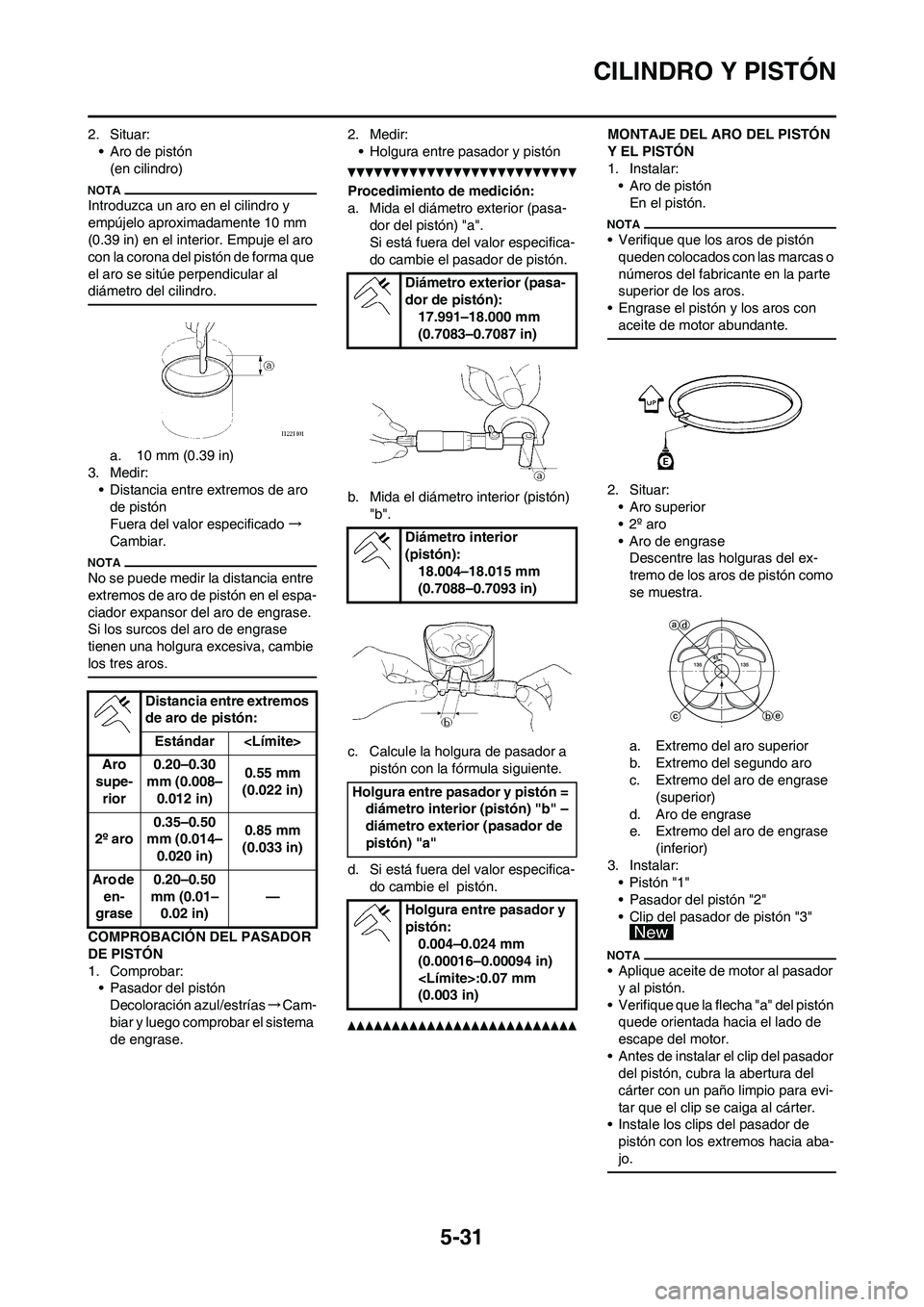 YAMAHA WR 450F 2010  Manuale de Empleo (in Spanish) 
5-31
CILINDRO Y PISTÓN
2. Situar:• Aro de pistón(en cilindro)
Introduzca un aro en el cilindro y 
empújelo aproximadamente 10 mm 
(0.39 in) en el interior. Empuje el aro 
con la corona del pist